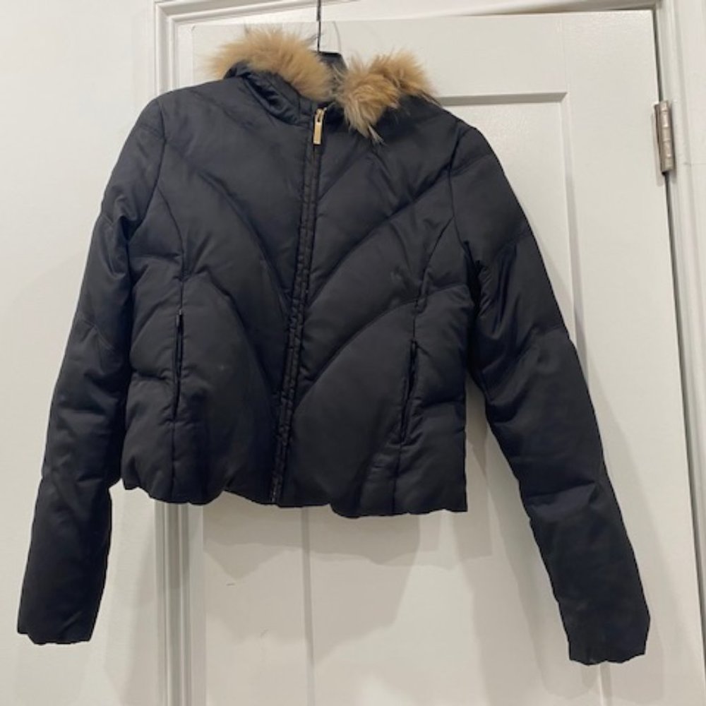 Laundry by Shelli Segal Real Fur Trim Feather Down Bomber Puffer Jacket Small